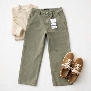 Zara Olive Green Straight Leg Pants Mid Rise Cotton Size 10 NWT Utility